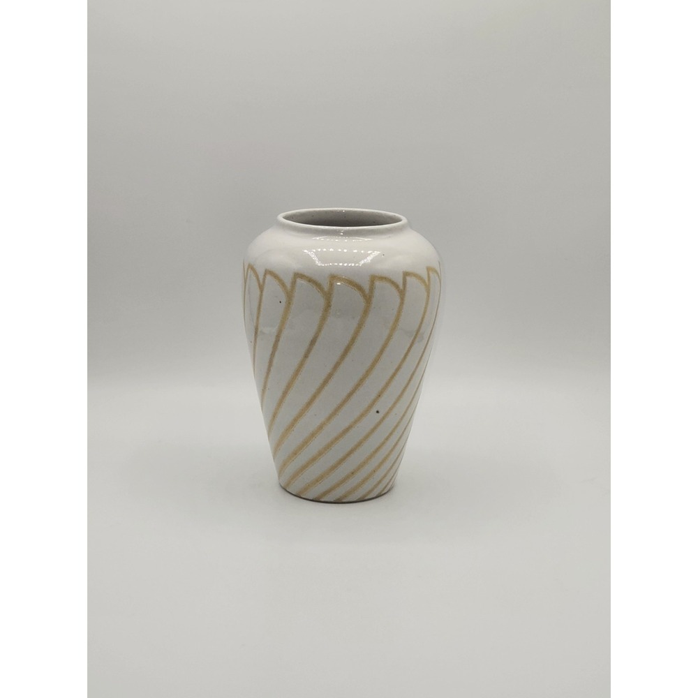 Vintage Ohlinger Studio Pottery Vase White Beige Spiral Mid Century Modern